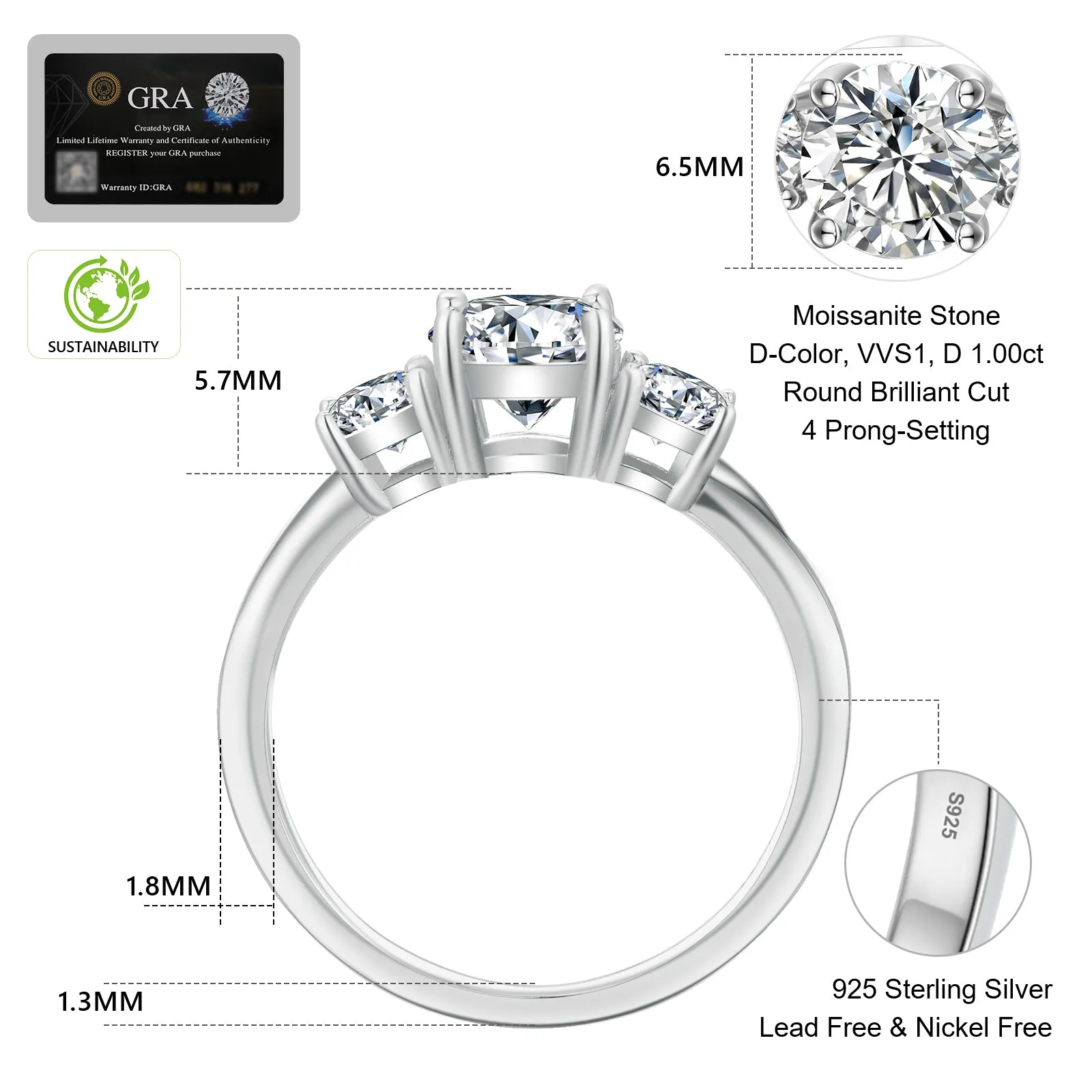 1.0 Carats VVS1 Moissanite Rings for Women 0184 KRKC