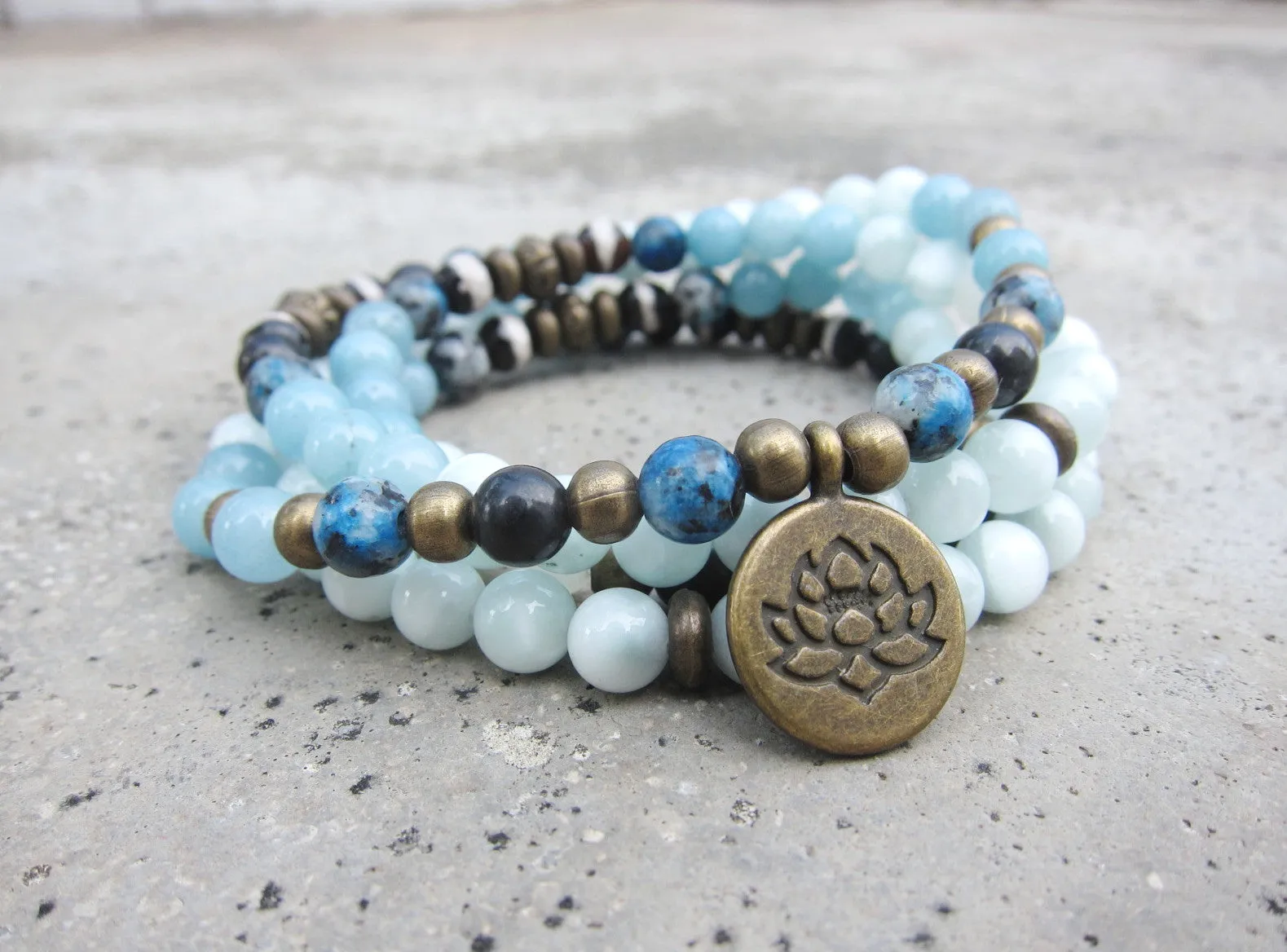 108 Beaded Mala in Shungite, Angelite, Blue Chalcedony, K2 with Lotus charm pendant Necklace