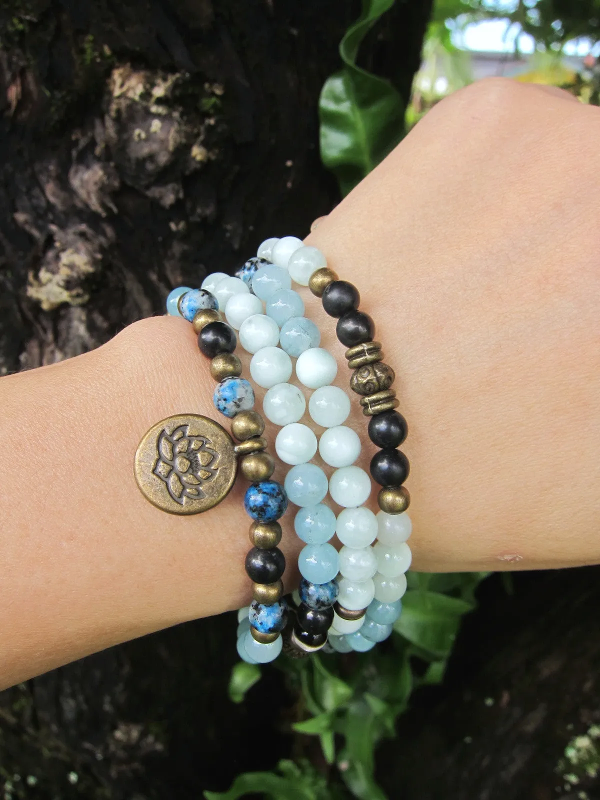 108 Beaded Mala in Shungite, Angelite, Blue Chalcedony, K2 with Lotus charm pendant Necklace