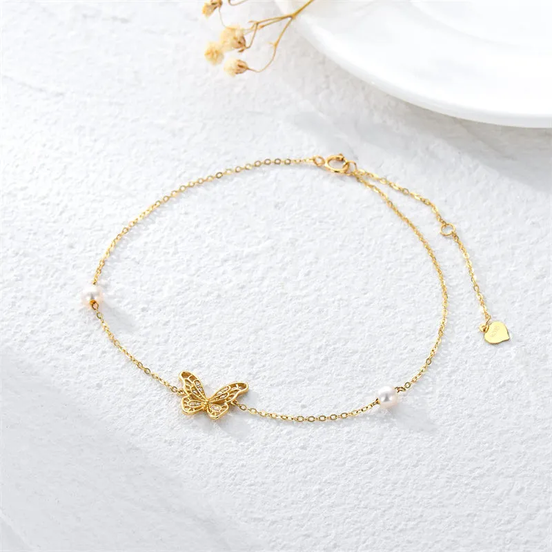 14k Solid Gold Butterfly Anklet For Women, Real Pearl Fine Jewelry Ankle Bracelet Gifts For Her