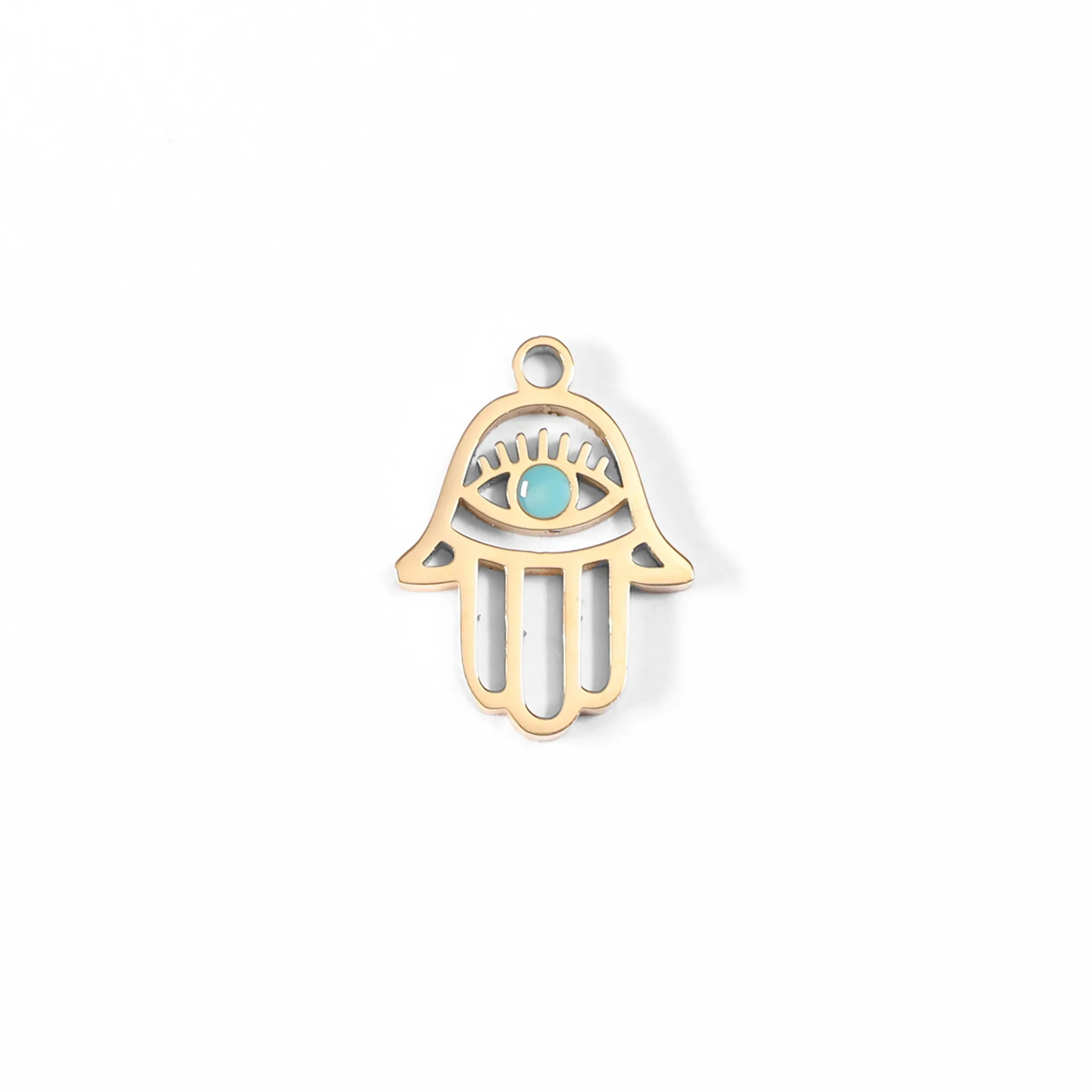 18K Gold PVD Stainless Steel Cutout Hamsa Hand Evil Eye Charm / PDL0023