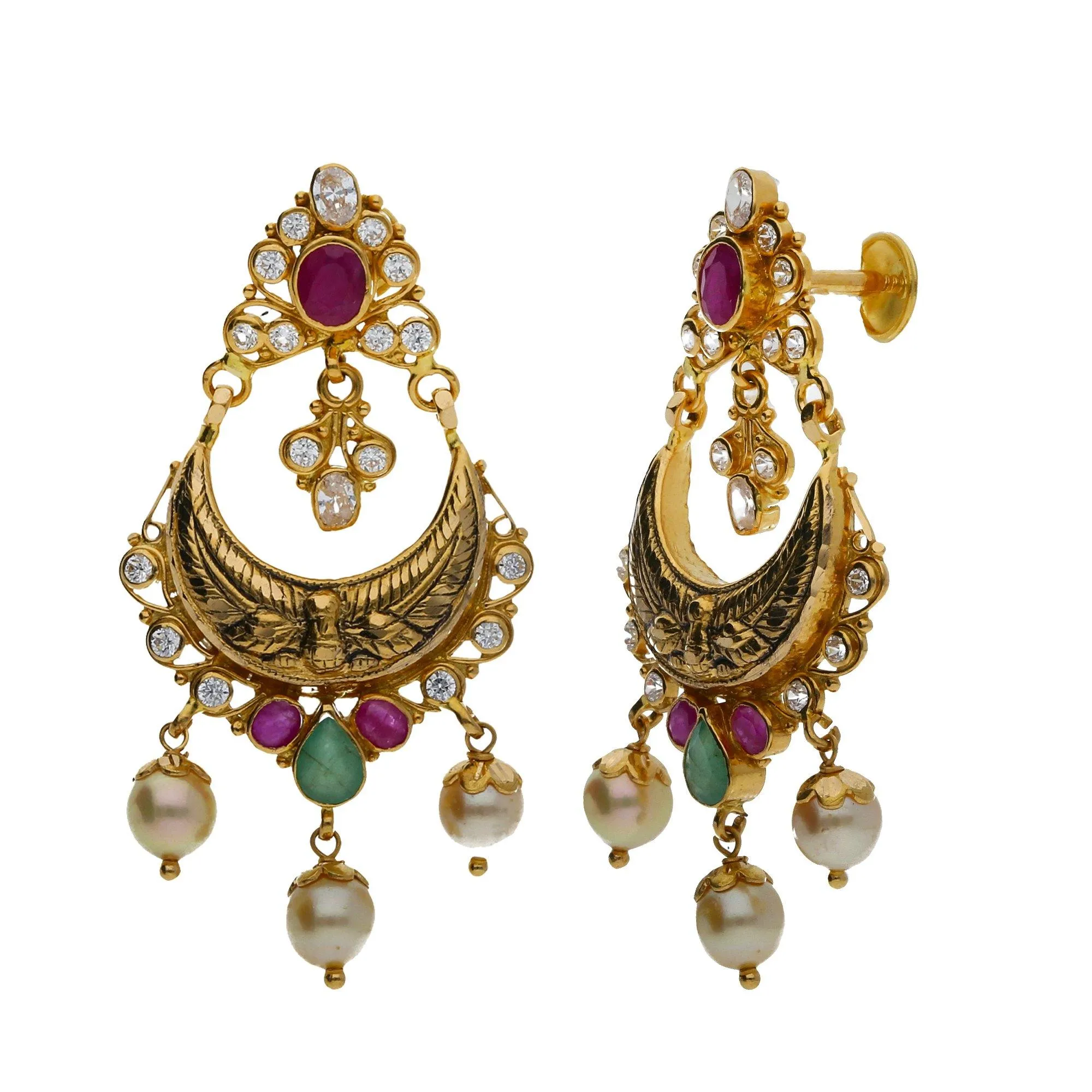 22K Yellow Antique Gold 2-in-1 Choker/Vanki & Chandbali Earrings Set W/ Emerald, Ruby, CZ, Pearls & Double Peacock Design