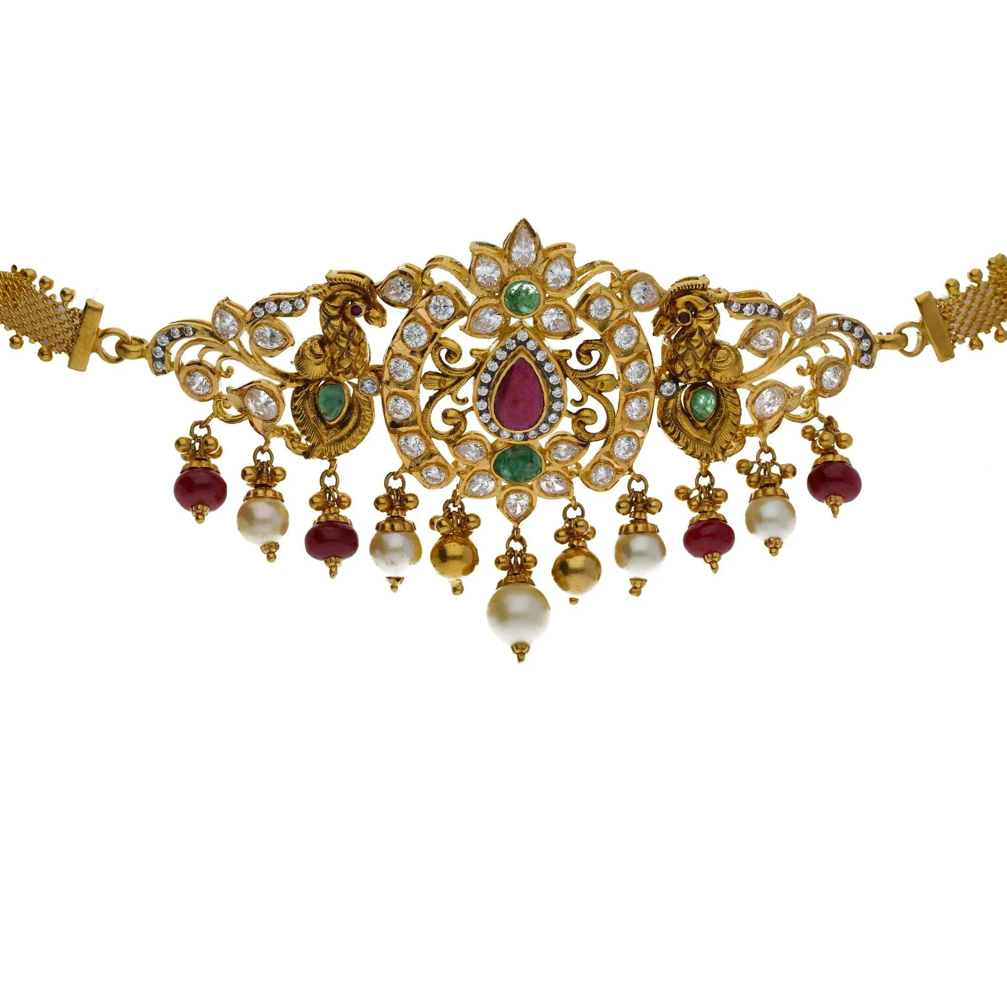 22K Yellow Antique Gold 2-in-1 Choker/Vanki & Chandbali Earrings Set W/ Emerald, Ruby, CZ, Pearls & Feather Peacock Accents