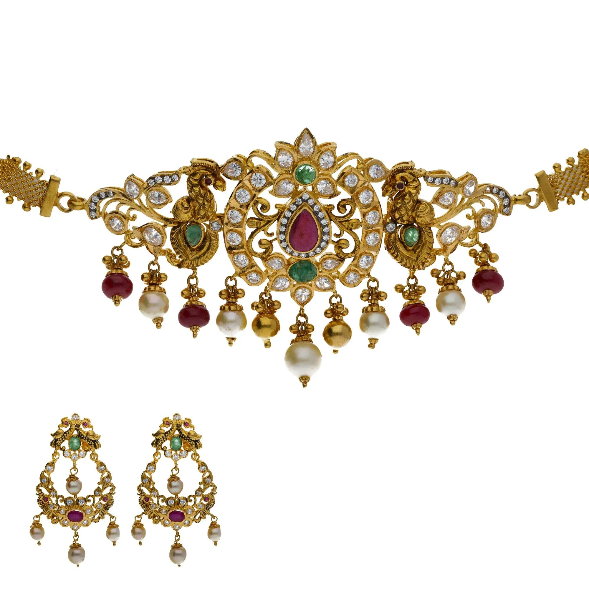 22K Yellow Antique Gold 2-in-1 Choker/Vanki & Chandbali Earrings Set W/ Emerald, Ruby, CZ, Pearls & Feather Peacock Accents