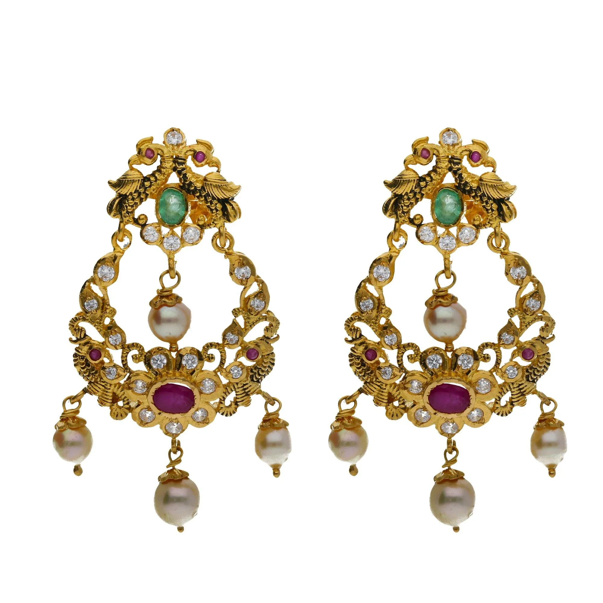 22K Yellow Antique Gold 2-in-1 Choker/Vanki & Chandbali Earrings Set W/ Emerald, Ruby, CZ, Pearls & Feather Peacock Accents