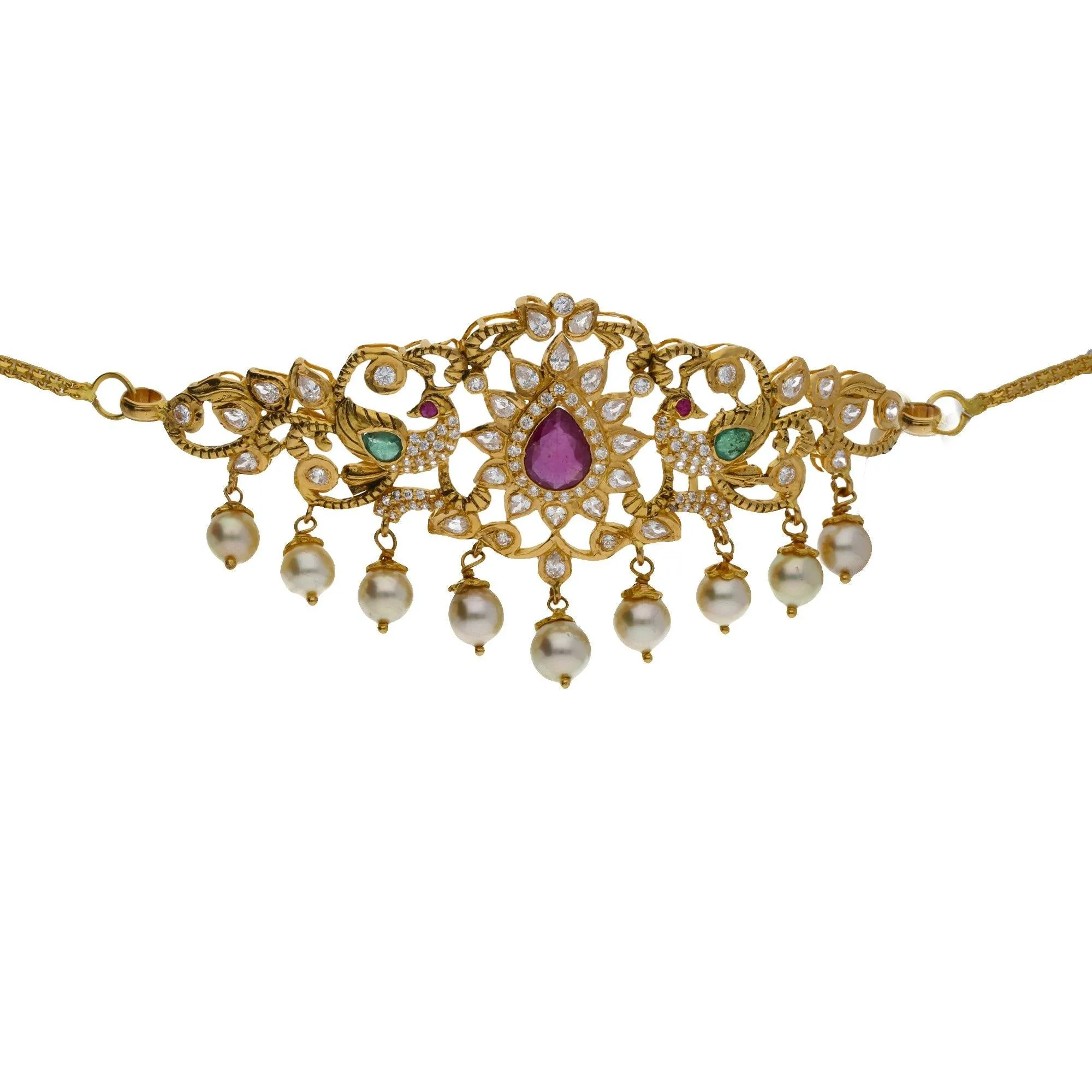 22K Yellow Antique Gold 2-in-1 Choker/Vanki & Chandbali Earrings Set W/ Emerald, Ruby, CZ, Pearls & Open Starburst Design