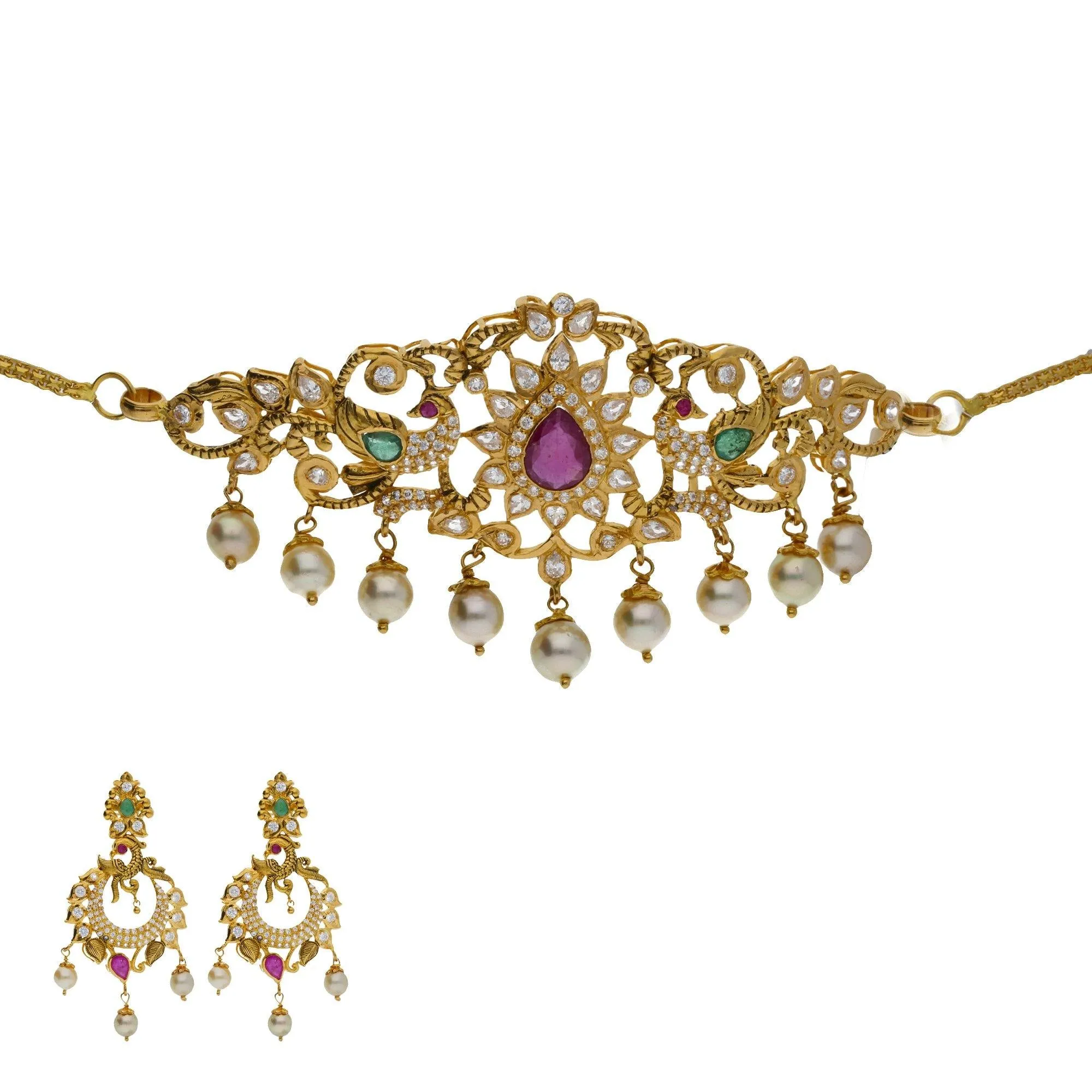 22K Yellow Antique Gold 2-in-1 Choker/Vanki & Chandbali Earrings Set W/ Emerald, Ruby, CZ, Pearls & Open Starburst Design