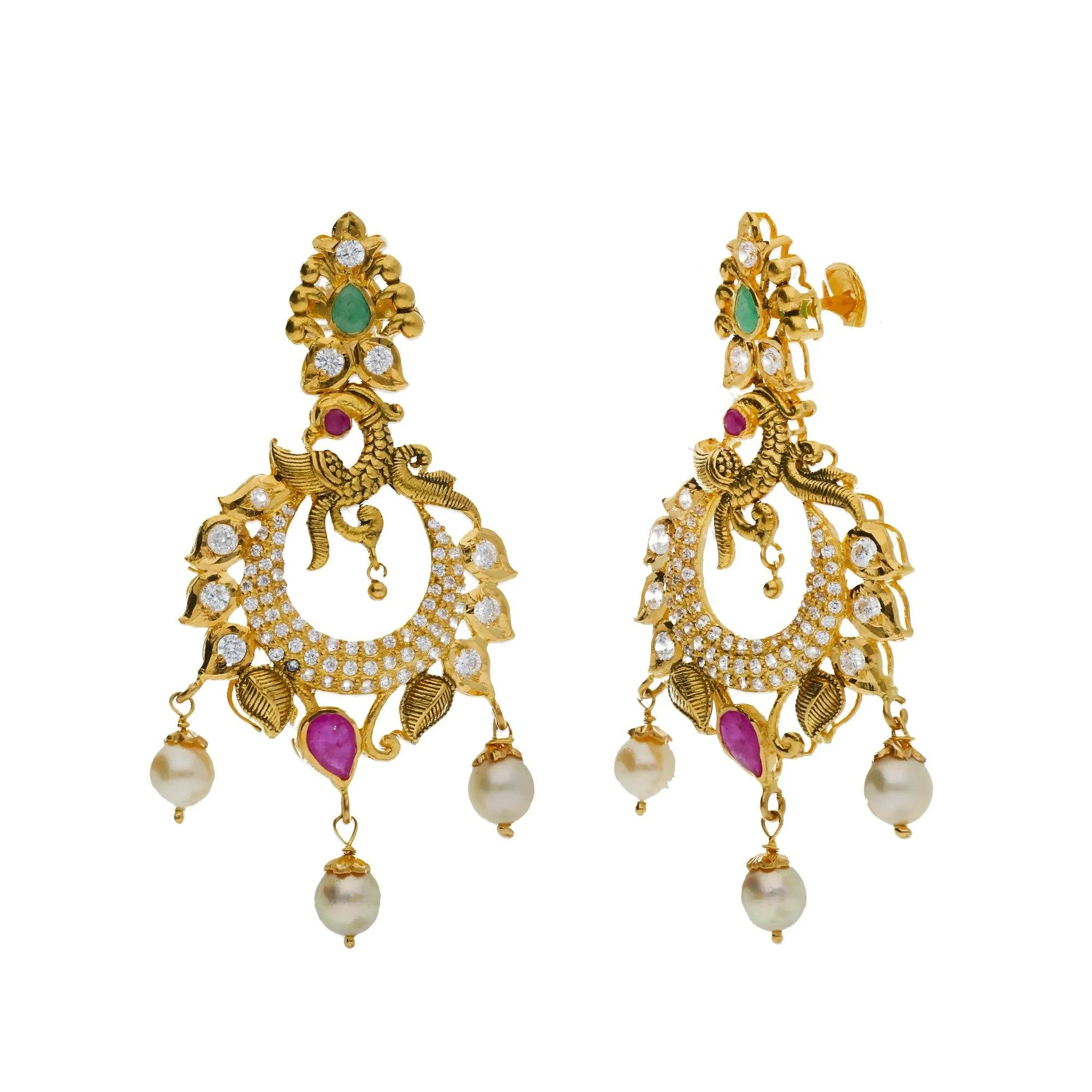 22K Yellow Antique Gold 2-in-1 Choker/Vanki & Chandbali Earrings Set W/ Emerald, Ruby, CZ, Pearls & Open Starburst Design