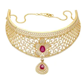 22K Yellow Gold, CZ & Ruby Choker Necklace (62.7gm)