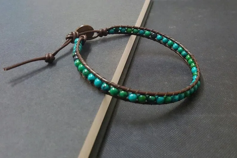 4 mm Chrysocolla Leather Wrap Bracelet Anklet, Leather Bracelet, Beaded Bracelet, Women Anklet , Unisex Bracelet,Men Bracelet