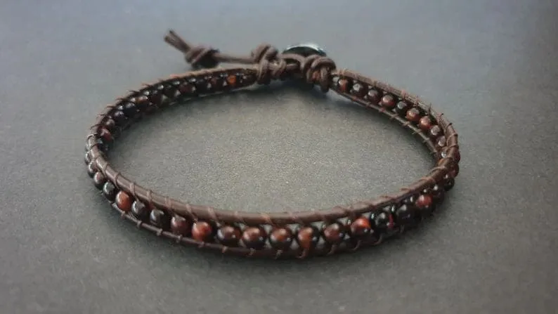 4 mm Red Tiger Eye Leather Wrap Bracelet Anklet, Leather Bracelet, Beaded Bracelet, Women Anklet , Unisex Bracelet,Men Bracelet