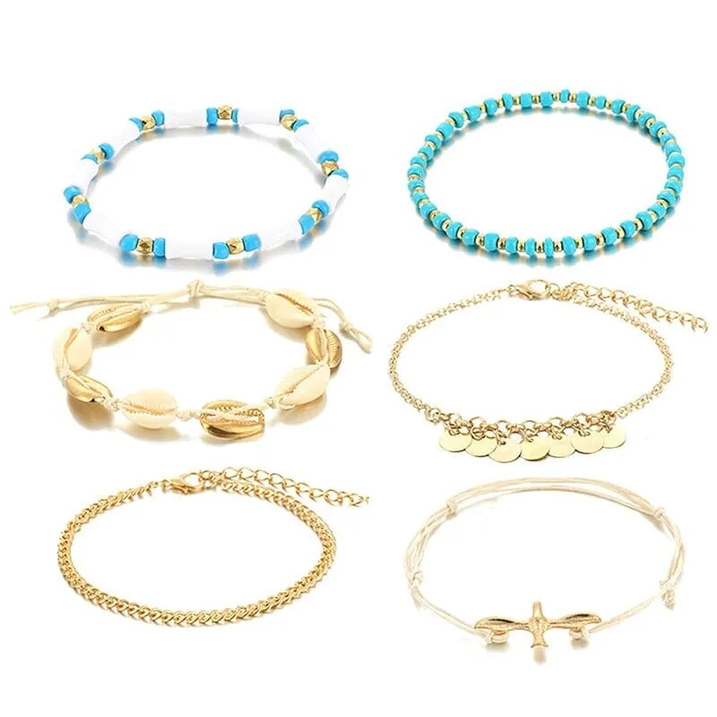 4/6pcs/set Boho Puka Shells Multilayer Anklets