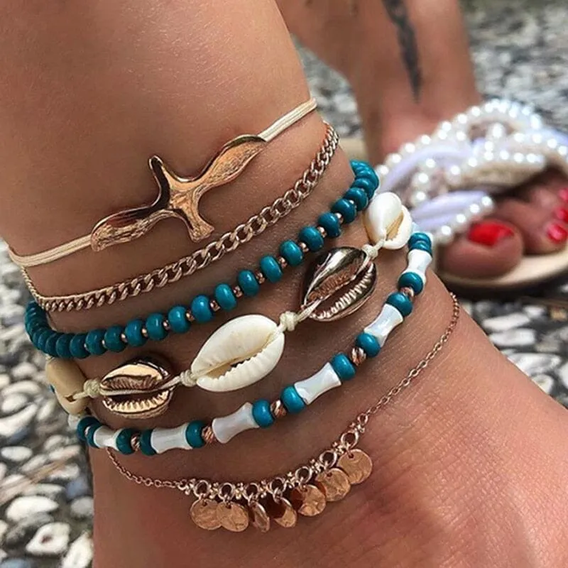 4/6pcs/set Boho Puka Shells Multilayer Anklets