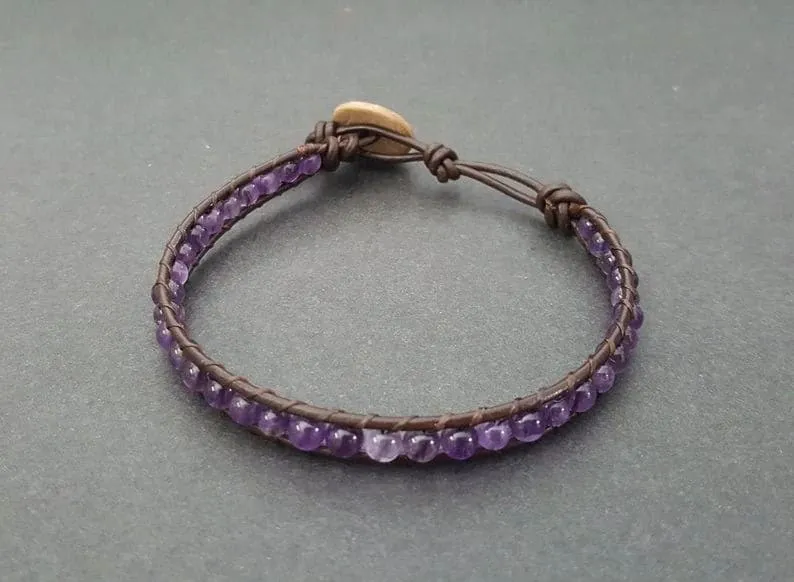 4mm Amethyst Brown Leather Wrap Bracelet Anklet, Leather Bracelet, Beaded Bracelet, Women Anklet , Unisex Bracelet,Men Bracelet