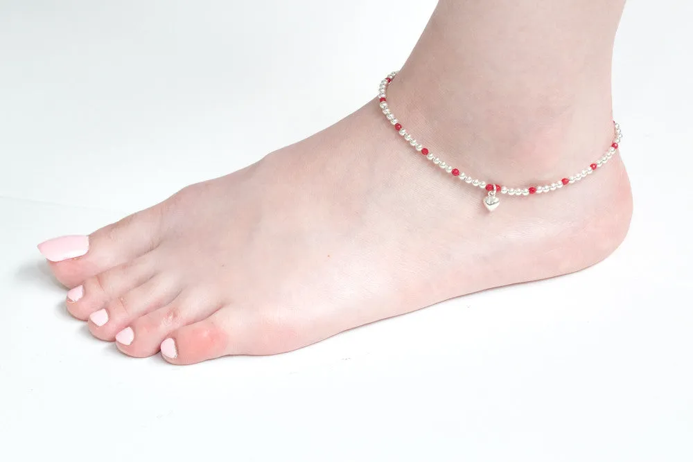 925 red ball heart pendant anklet-ad