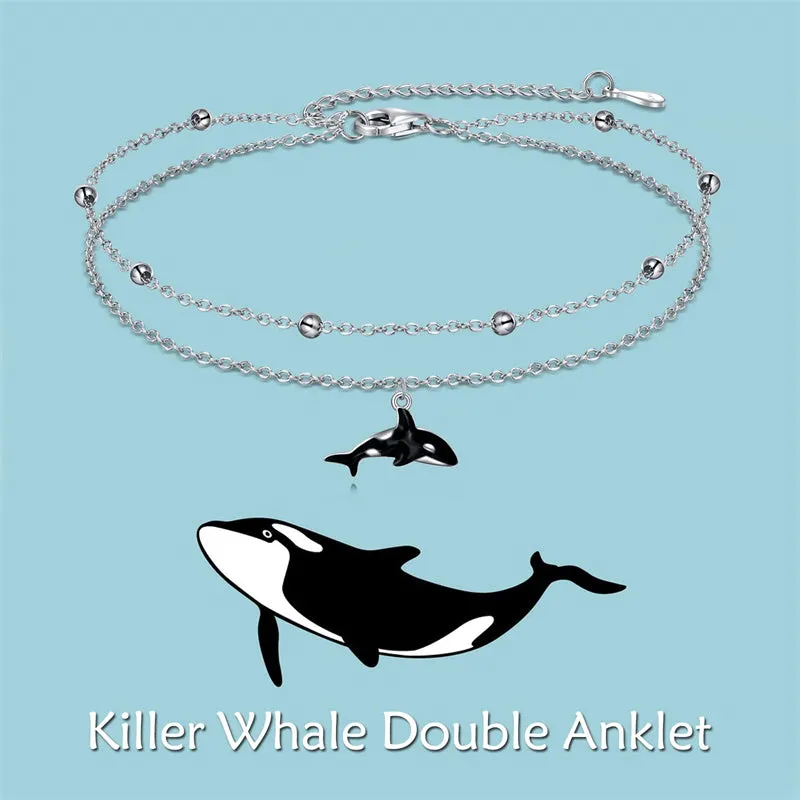 925 Sterling Silver Orca Whale Anklet Dauble Chain Jewelry Brithday Gifts for Women Girls