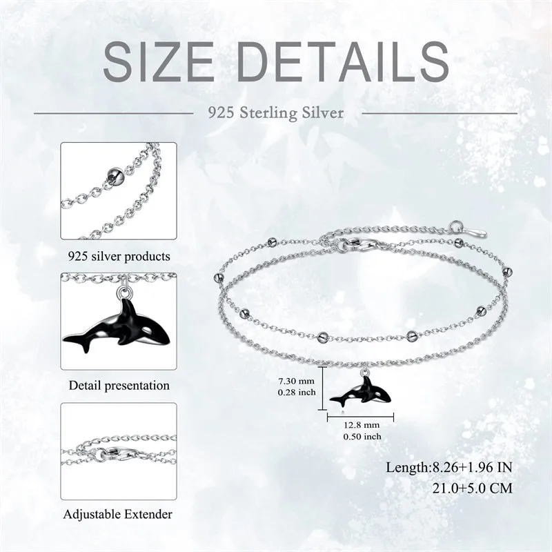 925 Sterling Silver Orca Whale Anklet Dauble Chain Jewelry Brithday Gifts for Women Girls