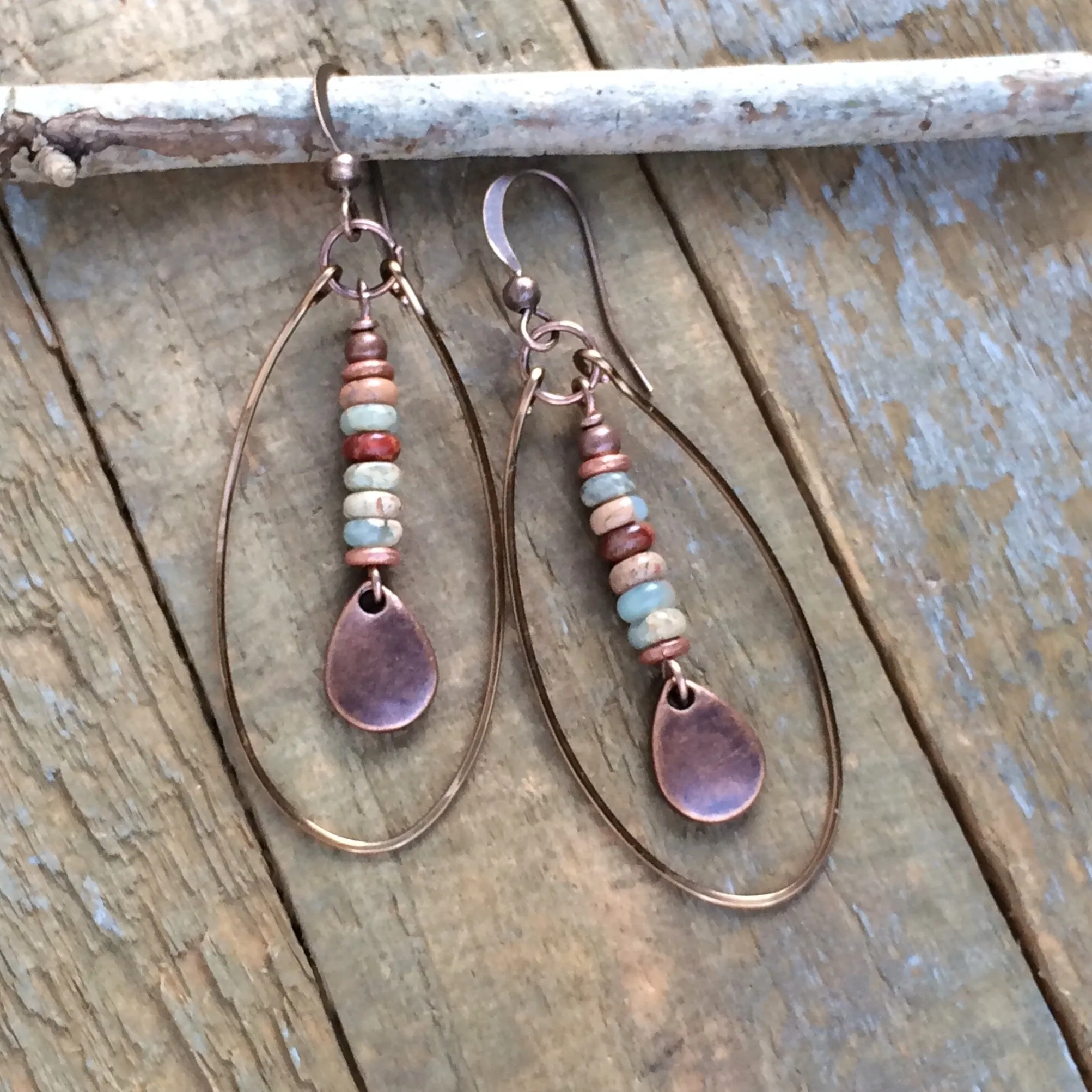 African Opal Jasper Earrings, Natural Stone Hoop Earrings, Neutral Earthy Jewelry, Hammered Copper Hoop Earrings, 7th Anniversary Jewelry