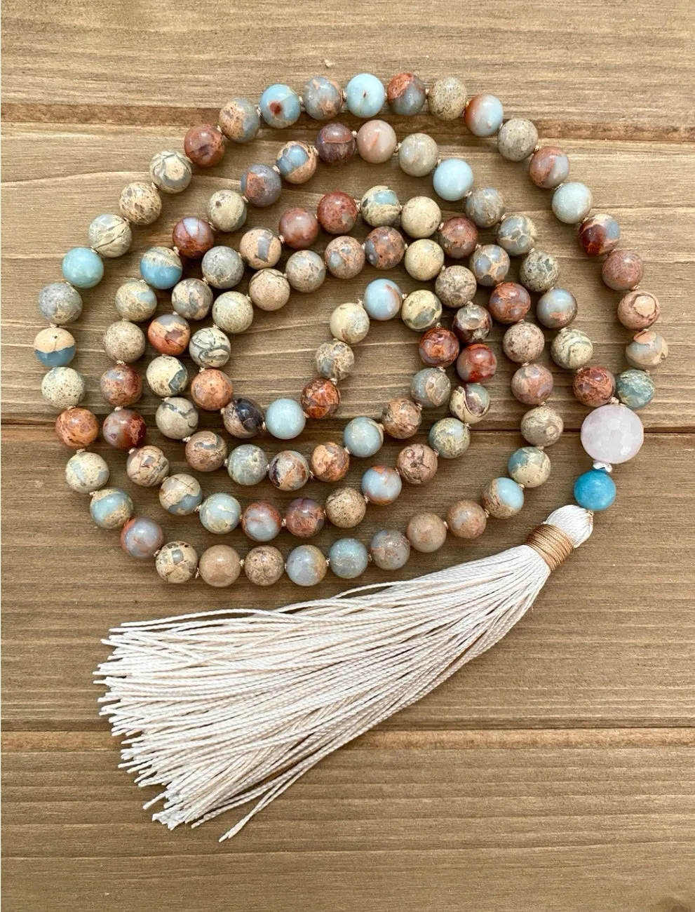 African Opal, Rose Quartz in 108 Beaded Necklace