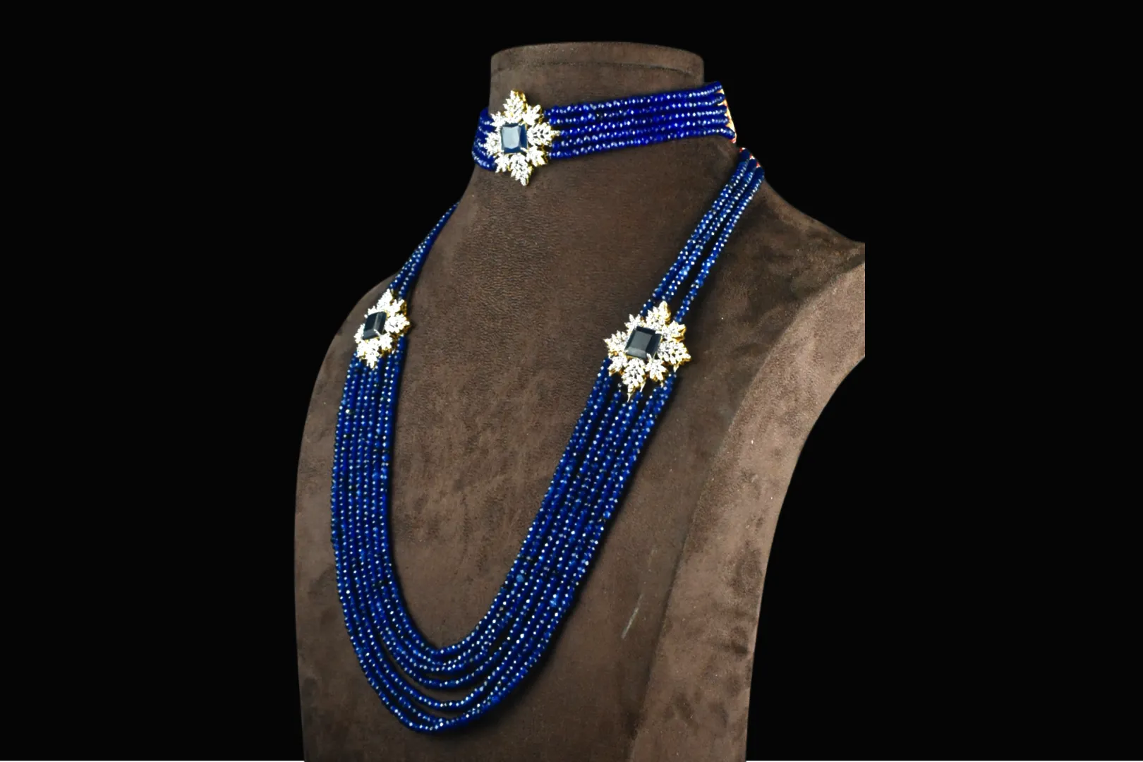 American Diamond Blue sapphire Beads Choker With Long Haram Combo Set By Asp Fashion Jewellery