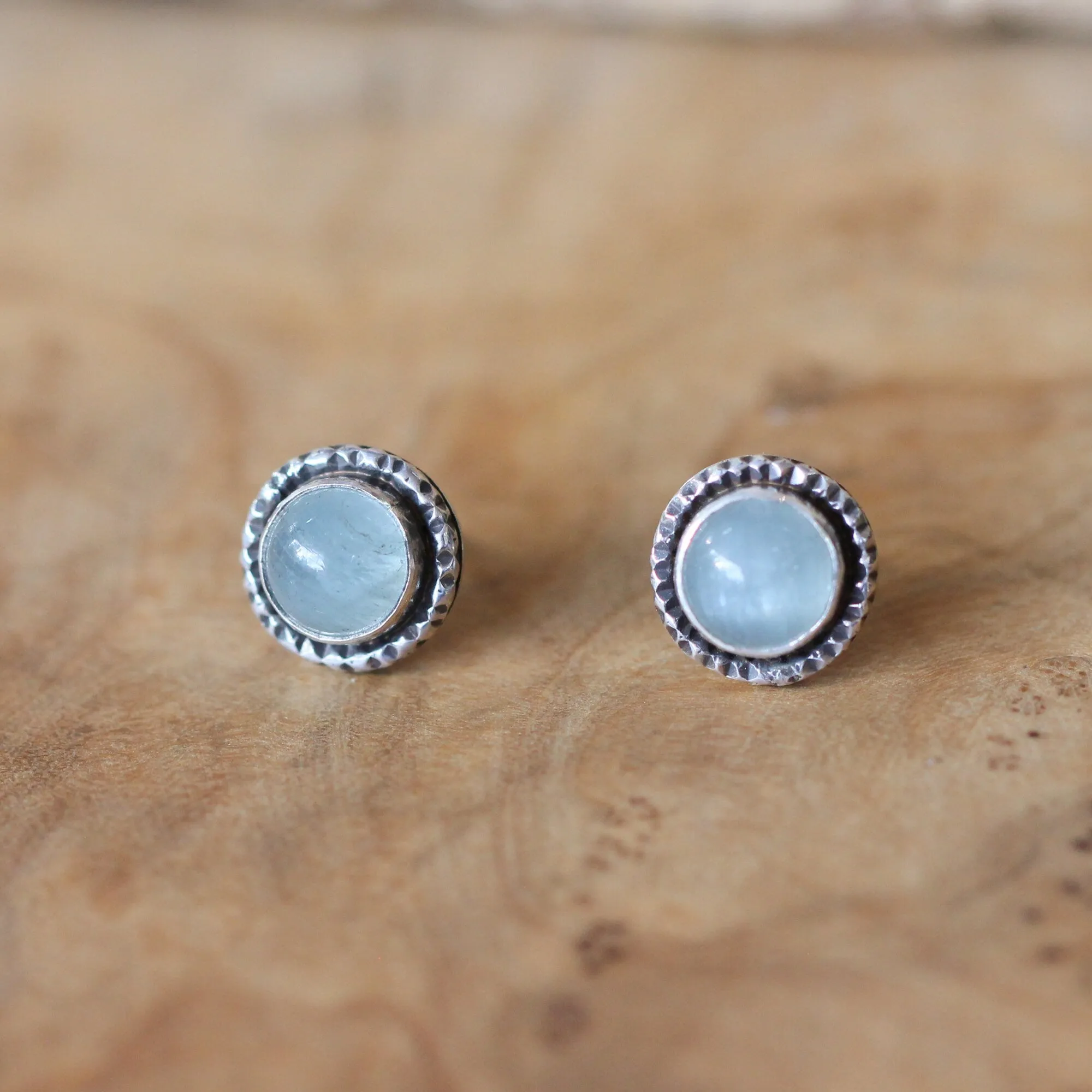 Aquamarine Posts - Hammered Aquamarine Earrings - Aquamarine Studs - .925 Sterling Silver