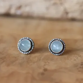 Aquamarine Posts - Hammered Aquamarine Earrings - Aquamarine Studs - .925 Sterling Silver