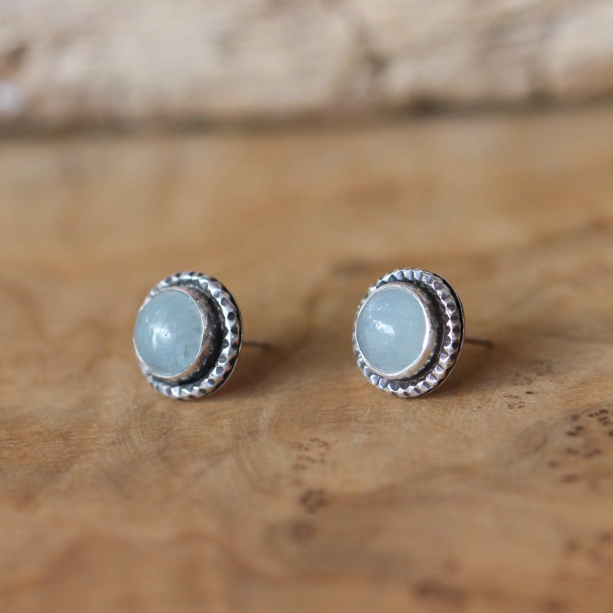 Aquamarine Posts - Hammered Aquamarine Earrings - Aquamarine Studs - .925 Sterling Silver