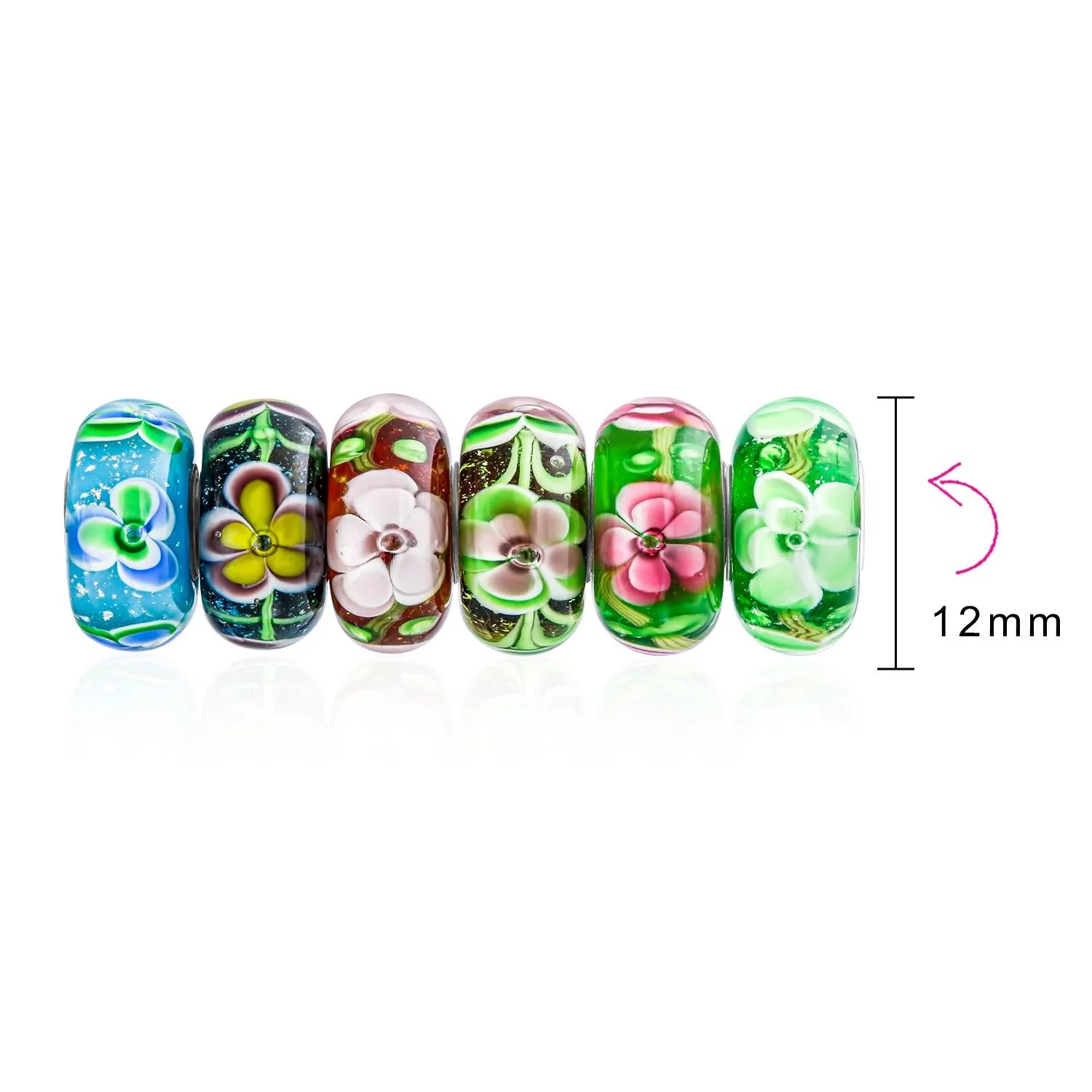 Assorted Set Multi Color Flowers Murano Glass Bead Charm .925 Silver