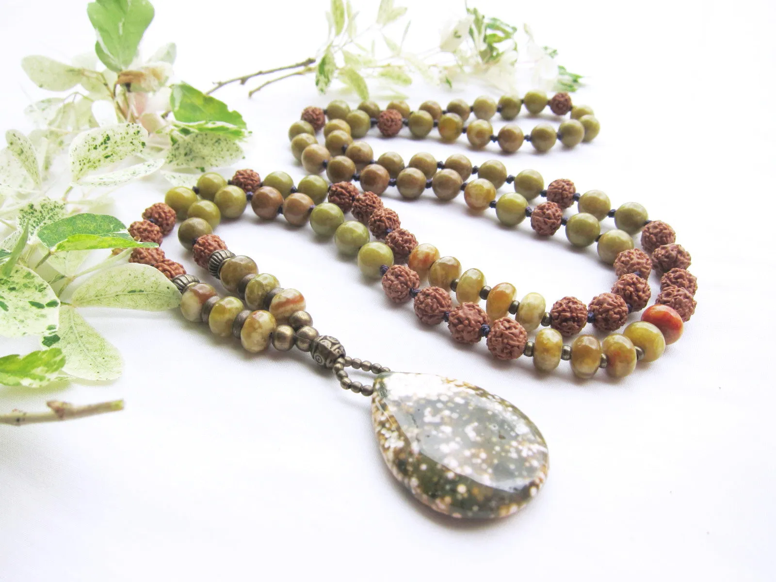 Australia Olive Opal, Serpentine Jasper, Rudraksha in Ocean Jasper Pendant Necklace