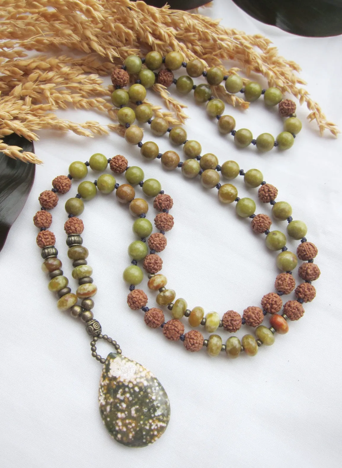 Australia Olive Opal, Serpentine Jasper, Rudraksha in Ocean Jasper Pendant Necklace