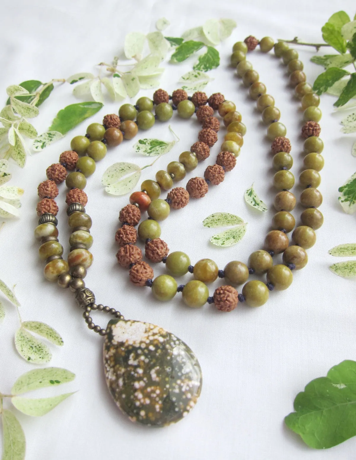 Australia Olive Opal, Serpentine Jasper, Rudraksha in Ocean Jasper Pendant Necklace