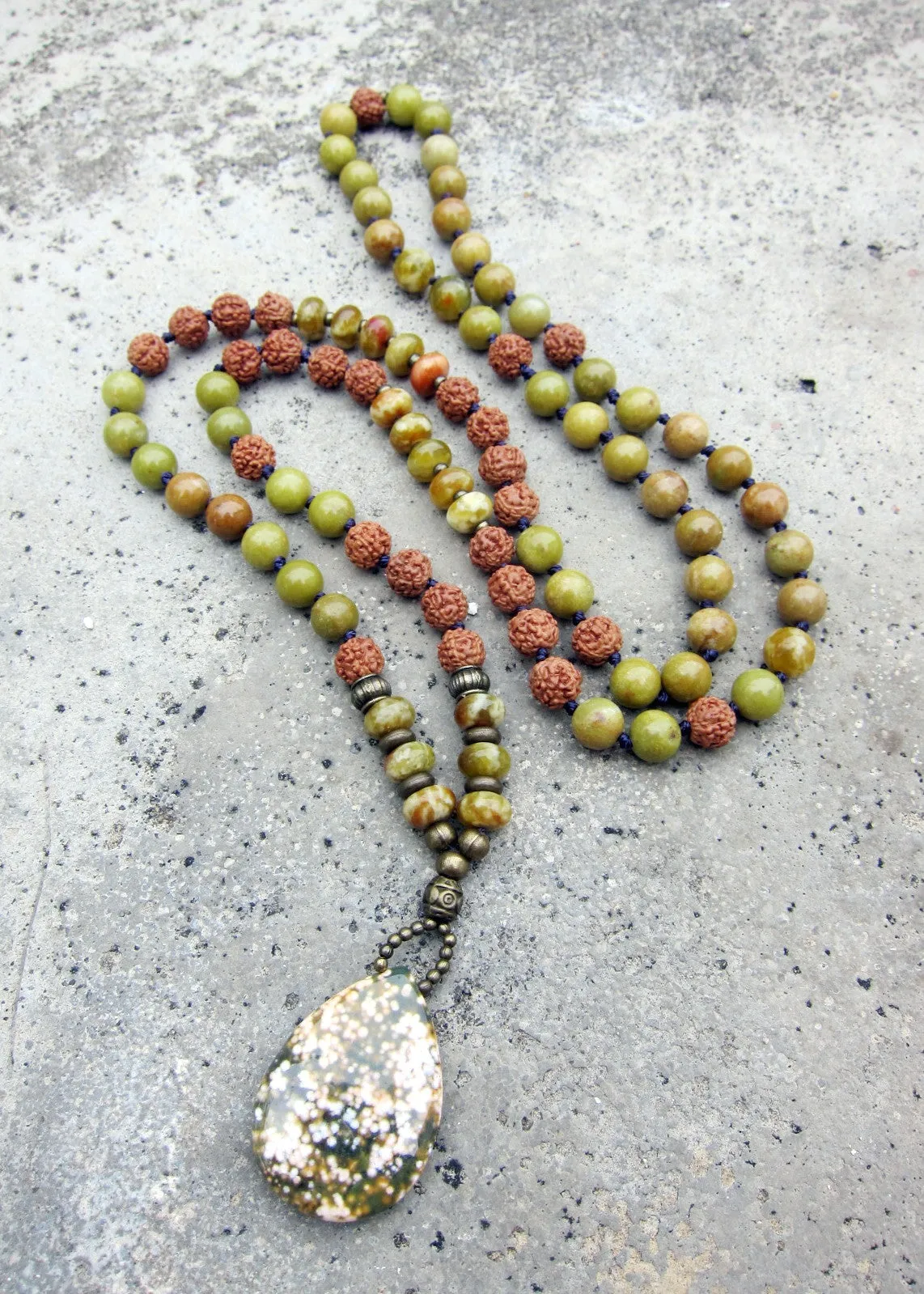 Australia Olive Opal, Serpentine Jasper, Rudraksha in Ocean Jasper Pendant Necklace