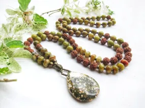 Australia Olive Opal, Serpentine Jasper, Rudraksha in Ocean Jasper Pendant Necklace