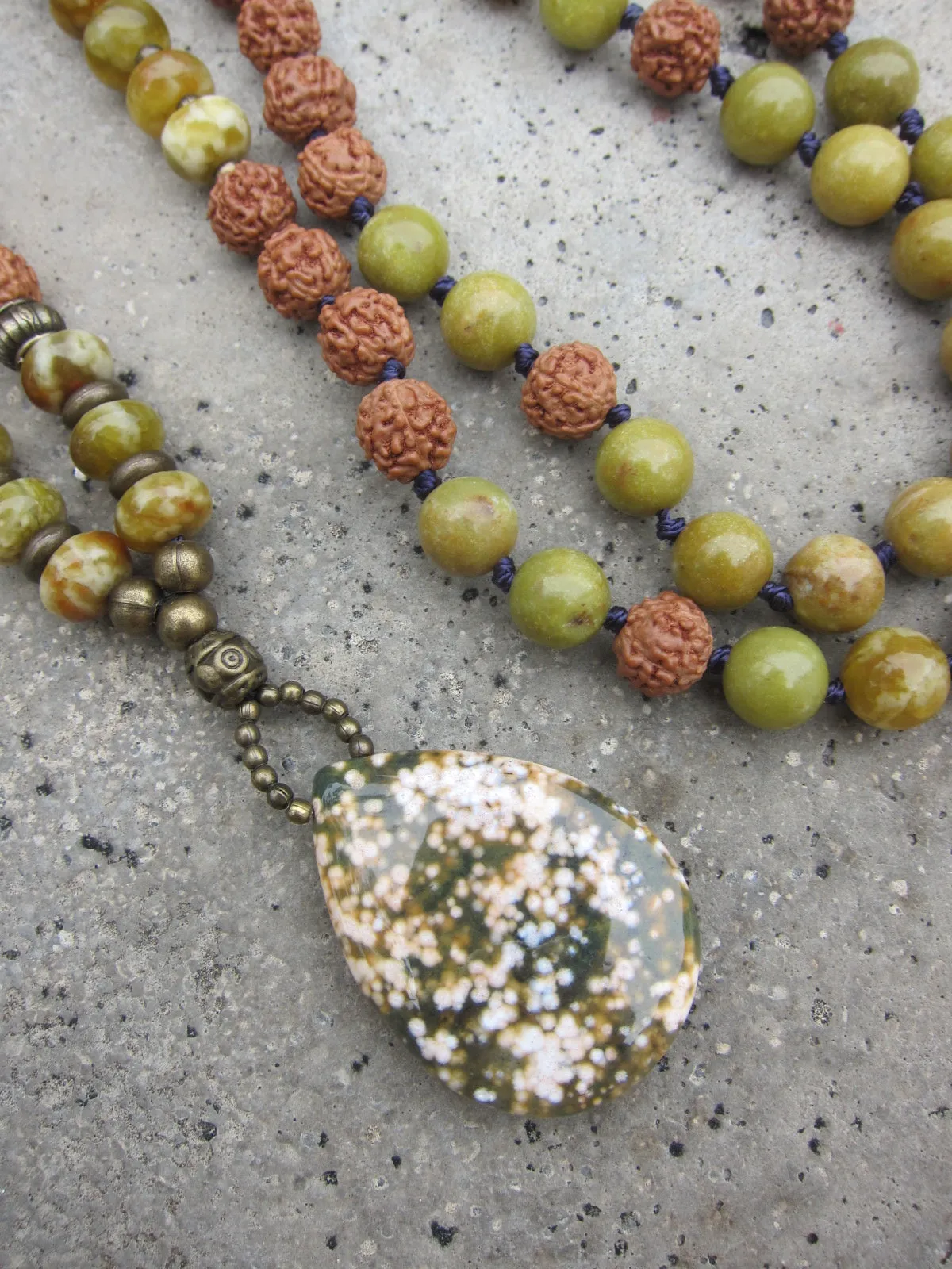 Australia Olive Opal, Serpentine Jasper, Rudraksha in Ocean Jasper Pendant Necklace