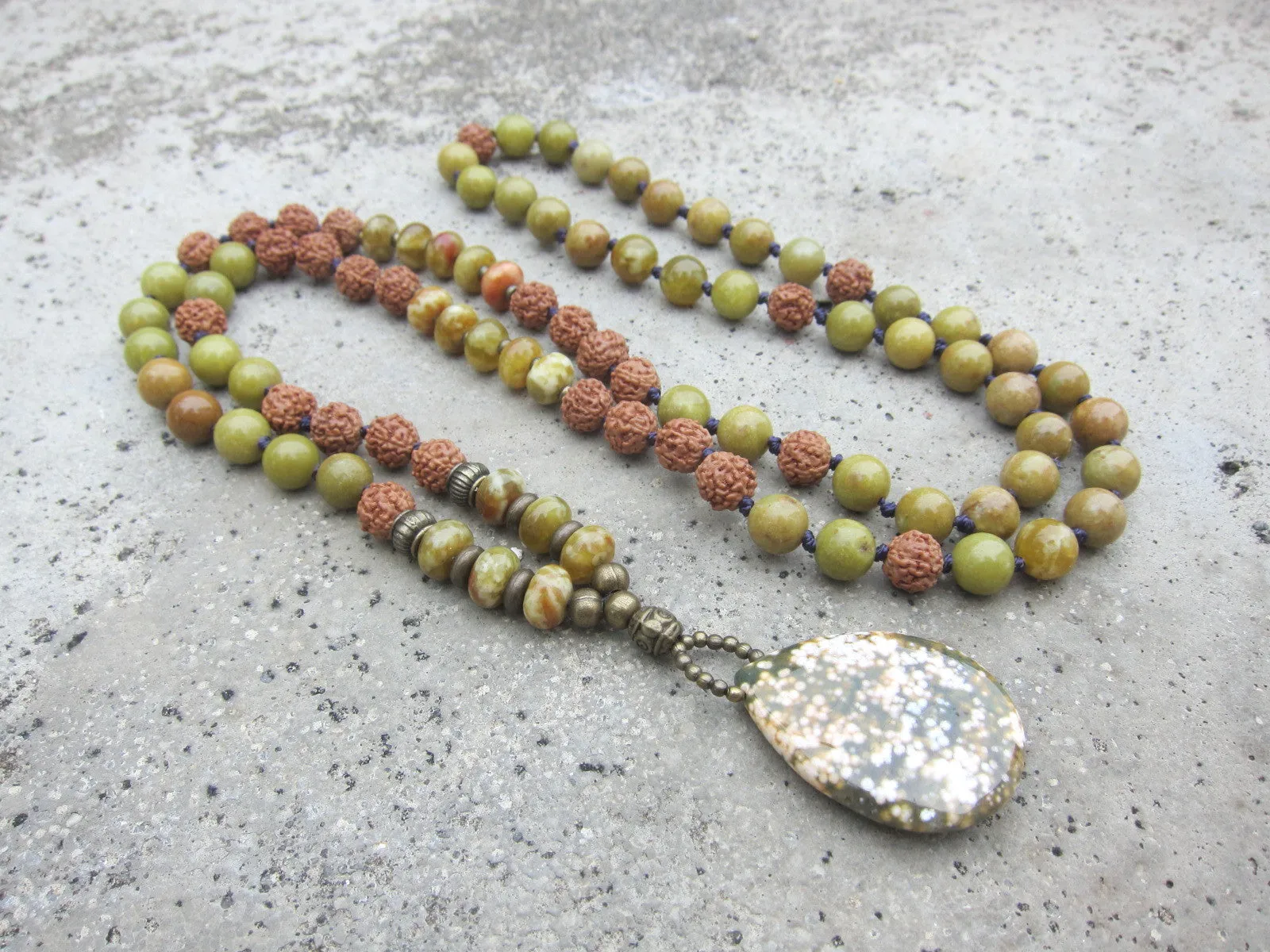 Australia Olive Opal, Serpentine Jasper, Rudraksha in Ocean Jasper Pendant Necklace