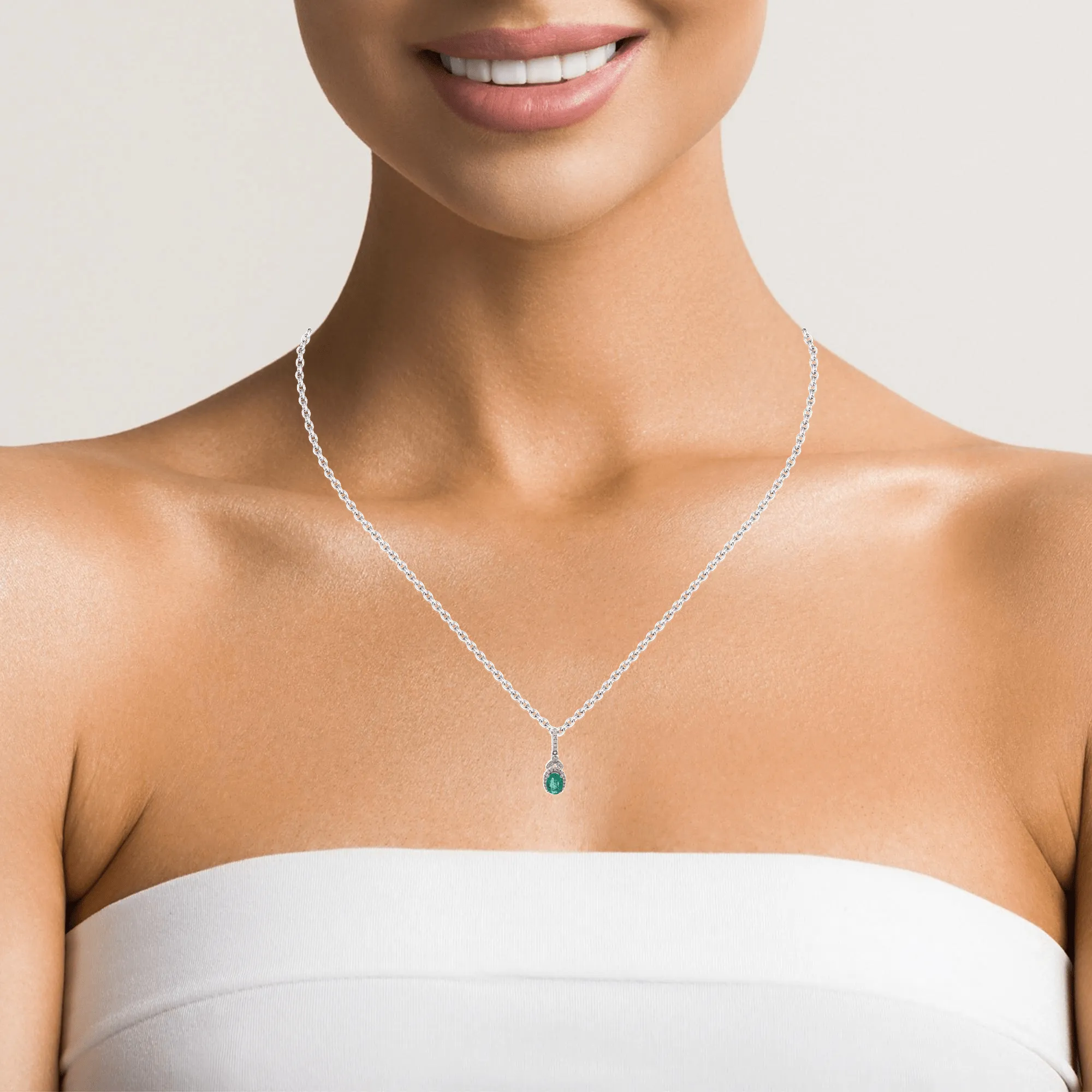 Baikalla? 14k White Gold Emerald AA Round Necklace pendant With Diamond Halo