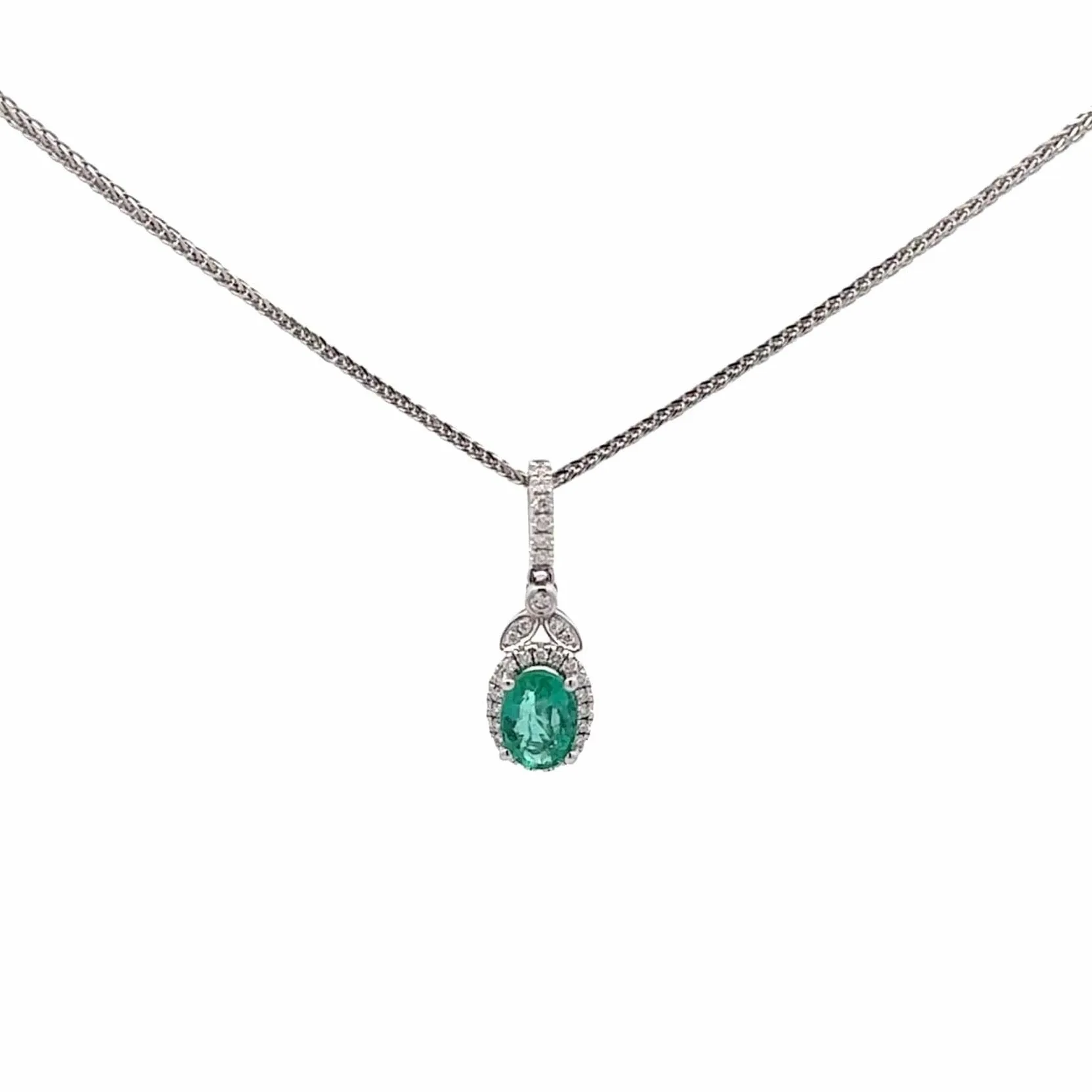 Baikalla? 14k White Gold Emerald AA Round Necklace pendant With Diamond Halo