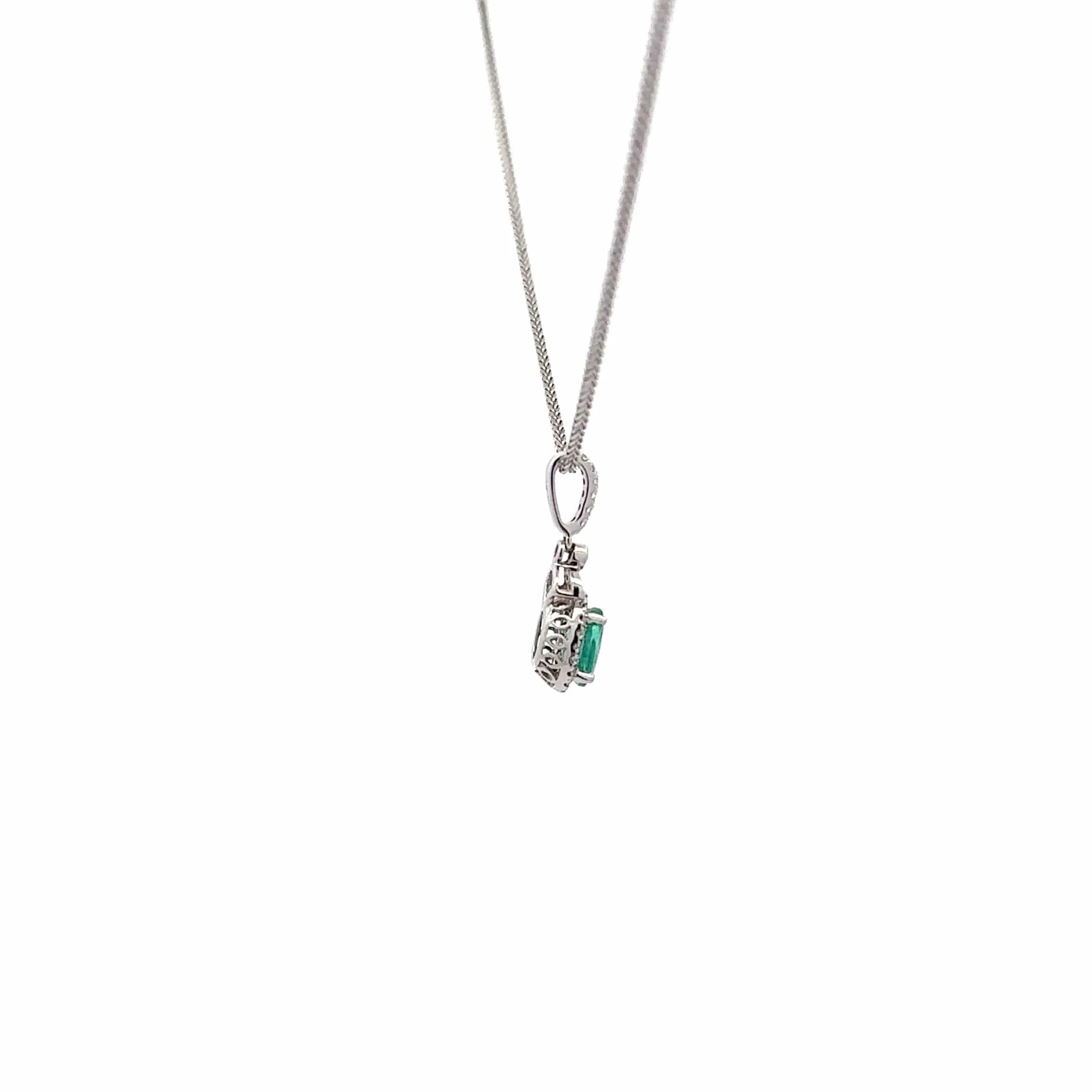 Baikalla? 14k White Gold Emerald AA Round Necklace pendant With Diamond Halo