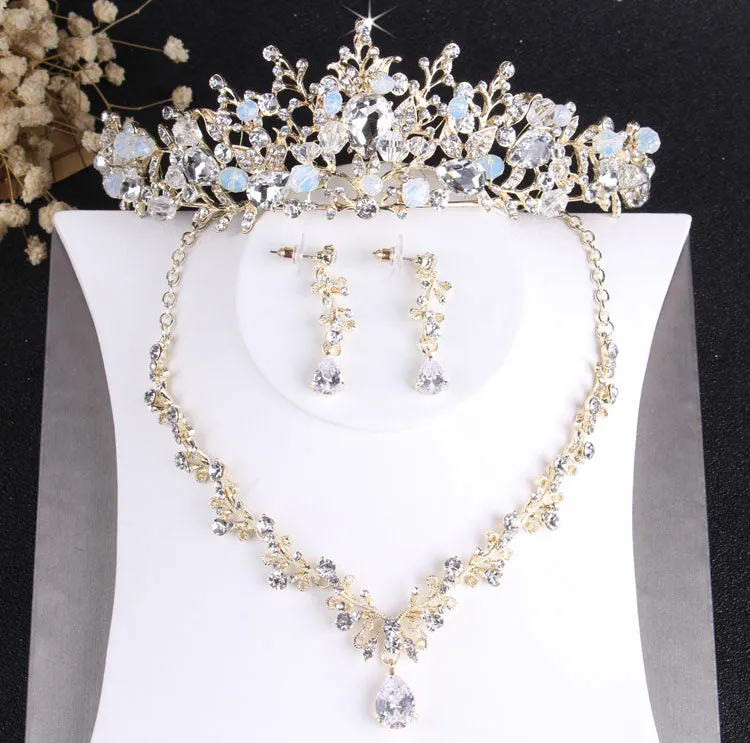 Baroque Crystal and Vintage Gold Tiara, Necklace & Earrings Wedding Jewelry Set