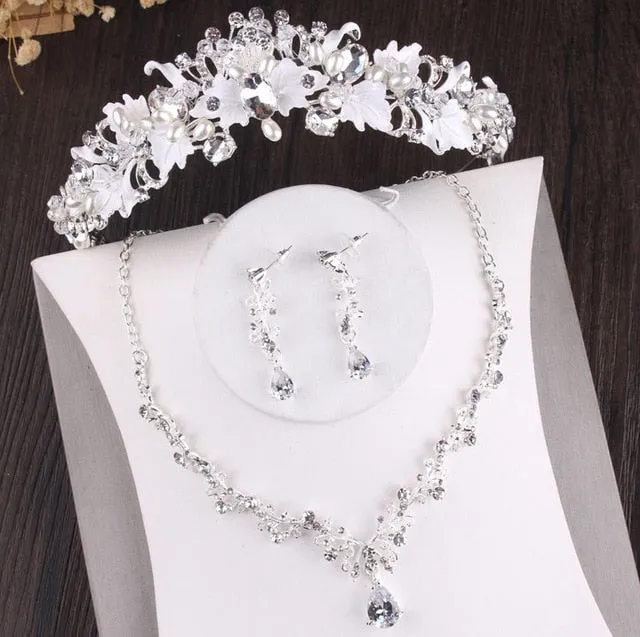 Baroque Crystal, Leaf and Pearl Tiara, Necklace & Earrings Wedding Pageant Jewelry Set