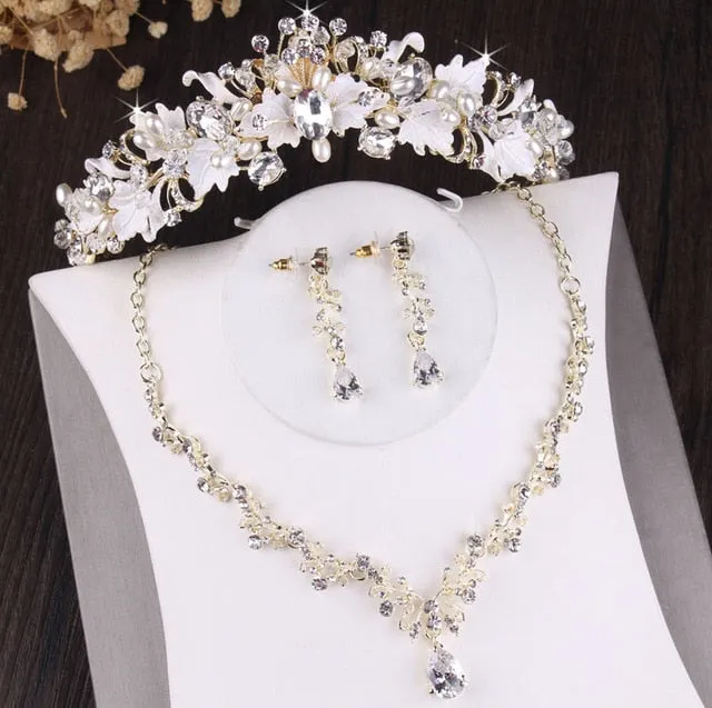 Baroque Crystal, Leaf and Pearl Tiara, Necklace & Earrings Wedding Pageant Jewelry Set