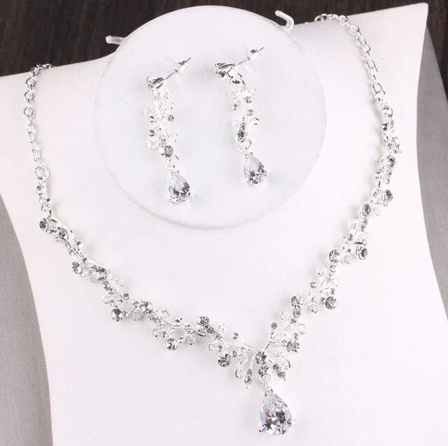 Baroque Crystal, Leaf and Pearl Tiara, Necklace & Earrings Wedding Pageant Jewelry Set