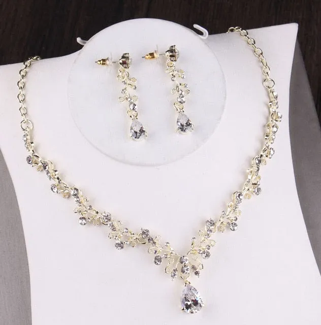 Baroque Crystal, Leaf and Pearl Tiara, Necklace & Earrings Wedding Pageant Jewelry Set