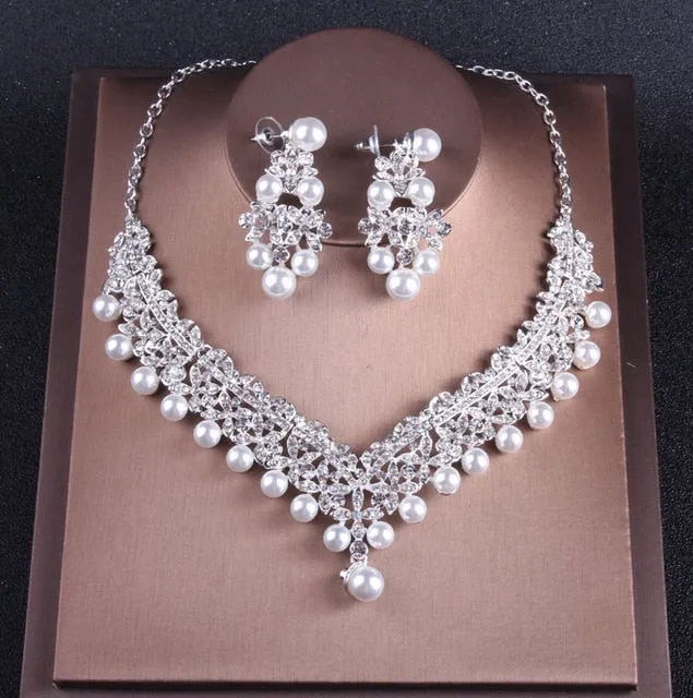 Baroque Crystal, Pearl and Rhinestone Tiara, Necklace & Earrings Wedding Jewelry Set