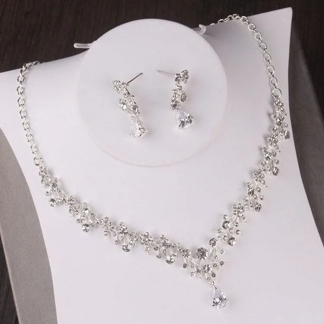 Baroque Floral Crystal and Rhinestone Tiara, Necklace & Earrings Wedding Jewelry Set