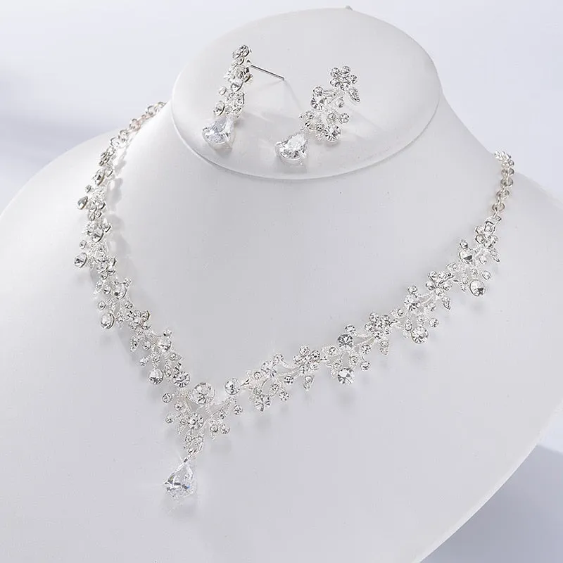 Baroque Floral Crystal and Rhinestone Tiara, Necklace & Earrings Wedding Jewelry Set