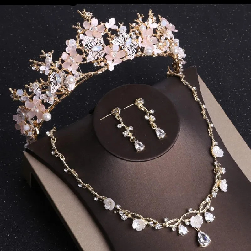 Baroque Gold, Butterfly, Crystal and Rhinestone Tiara, Necklace & Earrings Wedding Jewelry Set