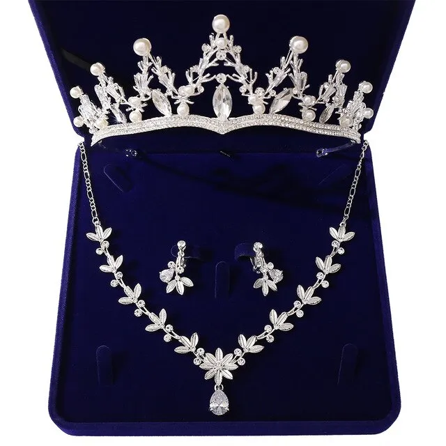 Baroque Gold/Silver, Crystal, Pearl and Rhinestone Tiara, Necklace & Earrings Wedding Jewelry Set