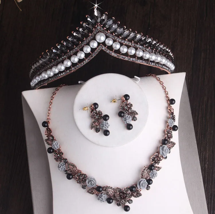 Baroque Retro Black Crystal, Pearl, Flowers and Rhinestone Tiara, Necklace & Earrings Jewelry Set