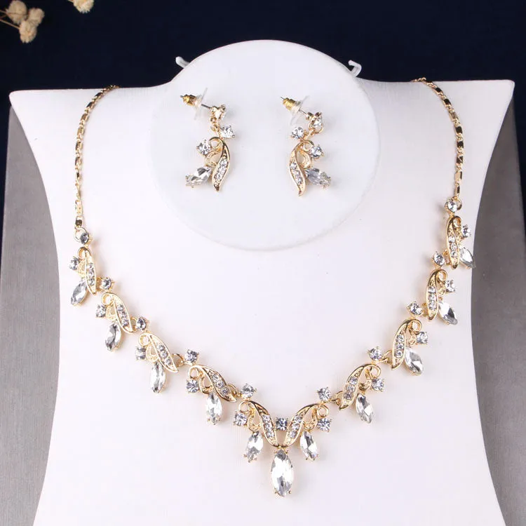 Baroque Rhinestone and Leaf Crystal Tiara, Necklace & Earrings Wedding Jewelry Set